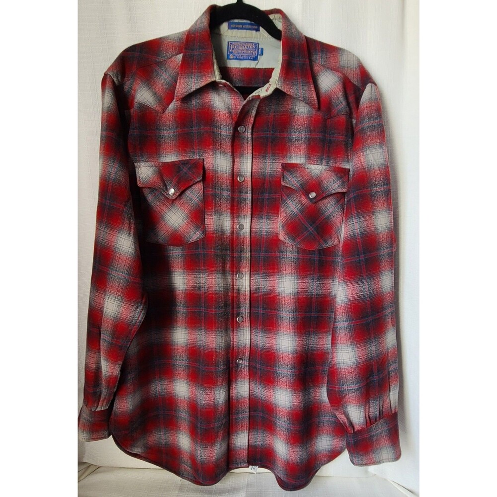 Vintage Pendleton Western Wear Wool Snap Shirt Red Plaid Elbow Patch USA Men's L